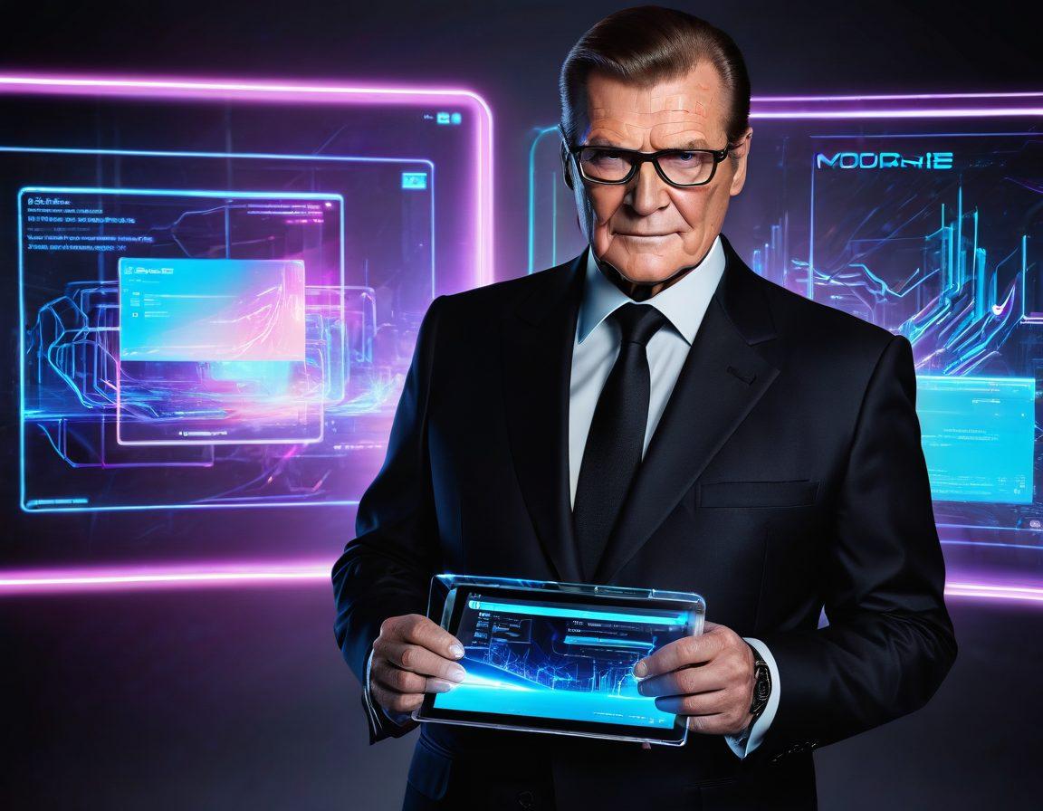 A dynamic, futuristic scene featuring Roger Moore holding a sleek, holographic tablet with interactive 3D web elements floating around him. Neon lights and transparent user interfaces highlight cutting-edge web solutions. Moore is dressed in a sharp suit, exuding confidence and expertise. cyberpunk. vibrant colors. 3D.