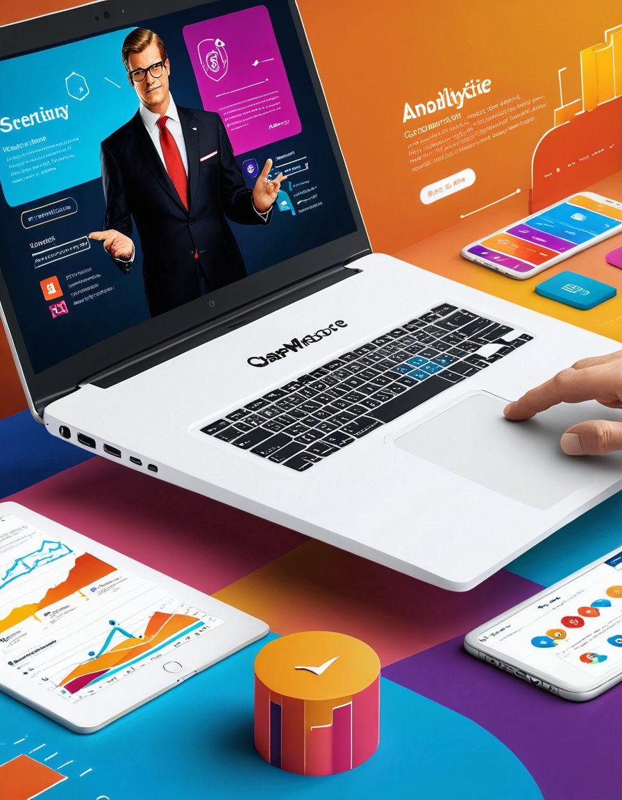 A dynamic collage featuring a sleek website design on a laptop, SEO analytics on a smartphone, and Roger Moore confidently presenting a digital strategy. Elements of user interface icons, search bars, and rising graphlines intertwining. vibrant colors. 3D rendering. modern and professional.