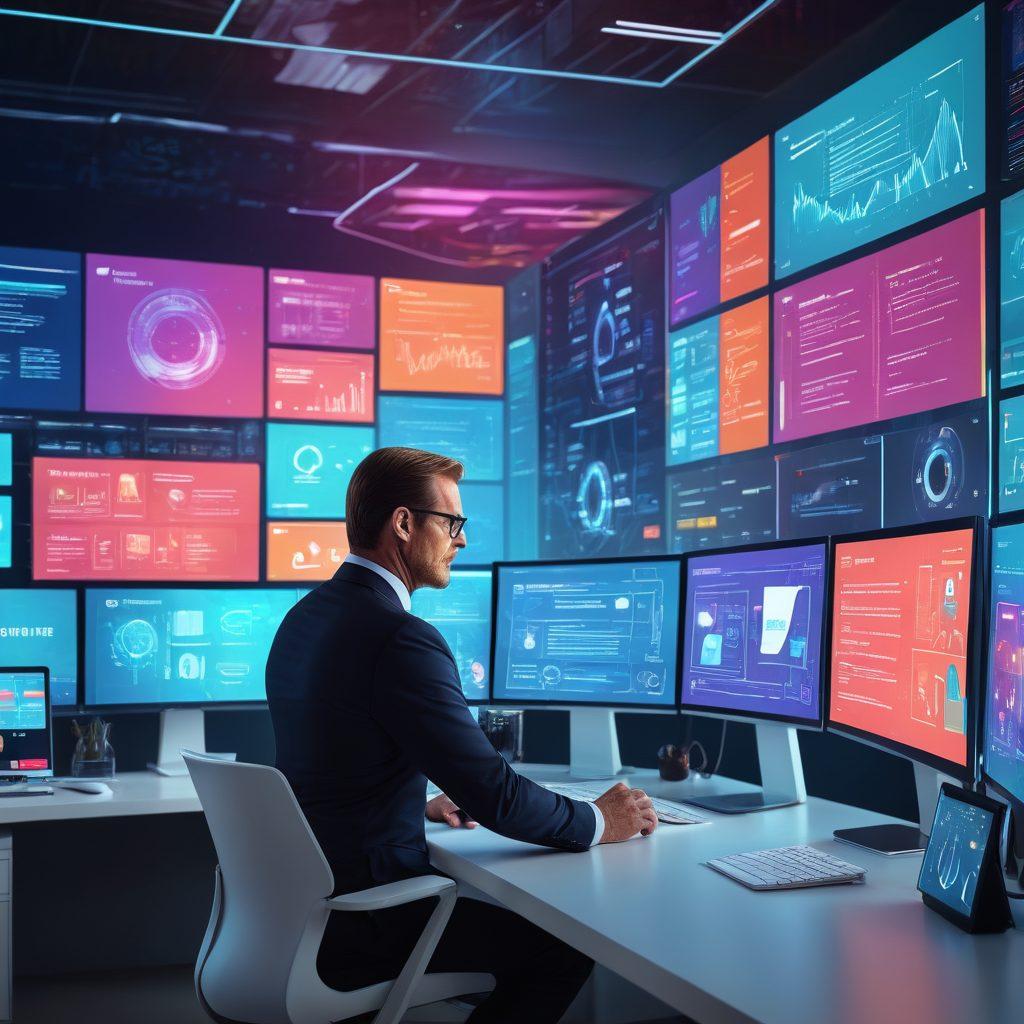 A modern and sleek digital workspace with multiple screens displaying various web design elements, analytics, and coding snippets. Roger Moore, characterized as a tech-savvy professional, is pointing at critical parts on the screens while offering expert advice. Surroundings include futuristic gadgets and a dynamic background with abstract shapes signifying innovation. vibrant colors. 3D. super-realistic.